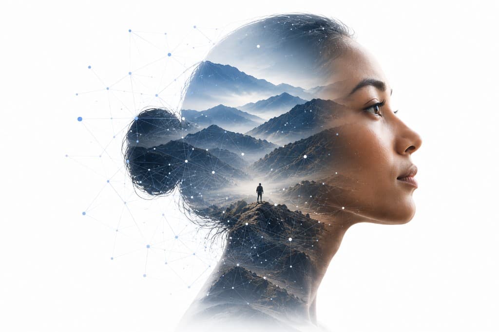 A woman's profile merged with a mountain landscape and a network of connected nodes — a double exposure representing human cognition meeting intelligent systems.
